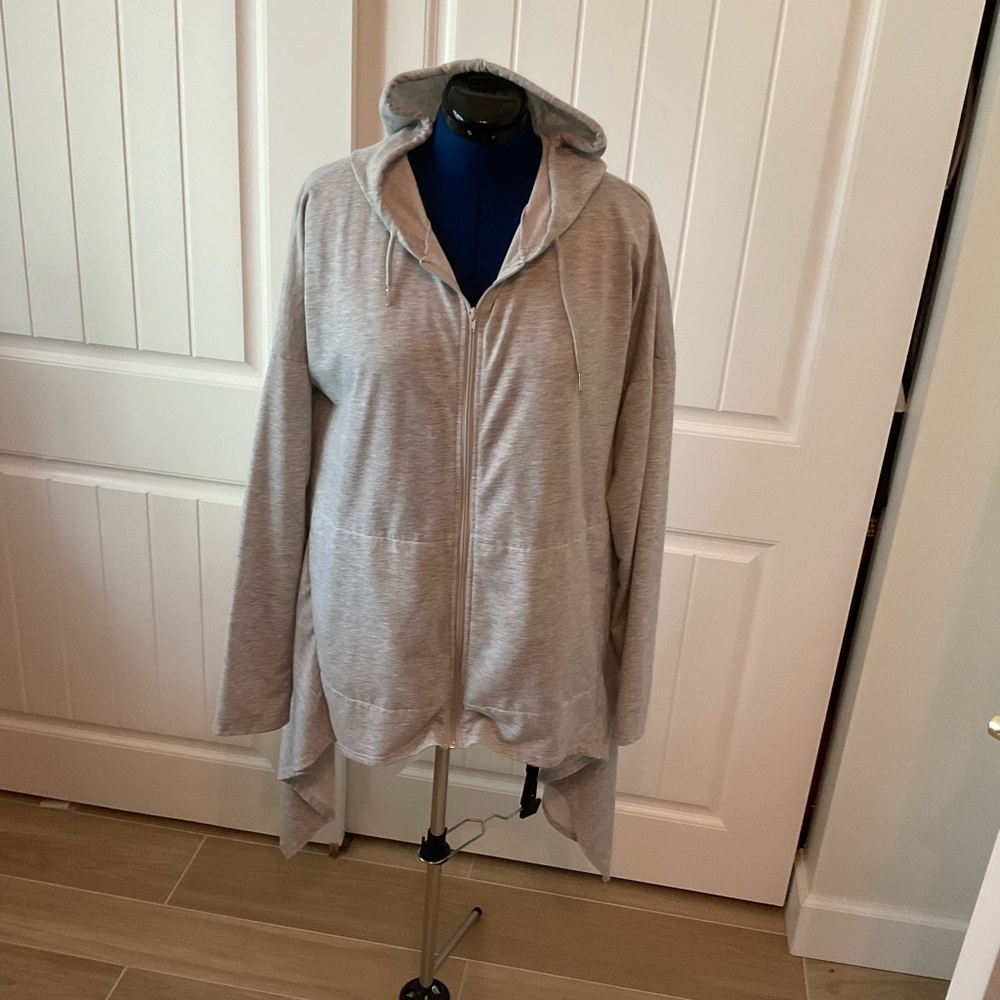 Gray Asymmetrical Hooded Zip-Up Cardigan